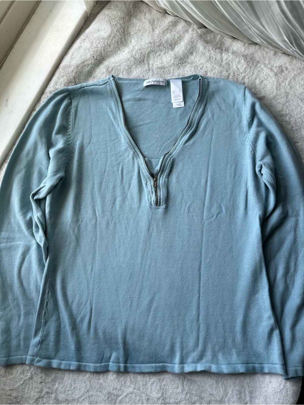 Preppy Zipper V Neck Long Sleeve Baby Blue